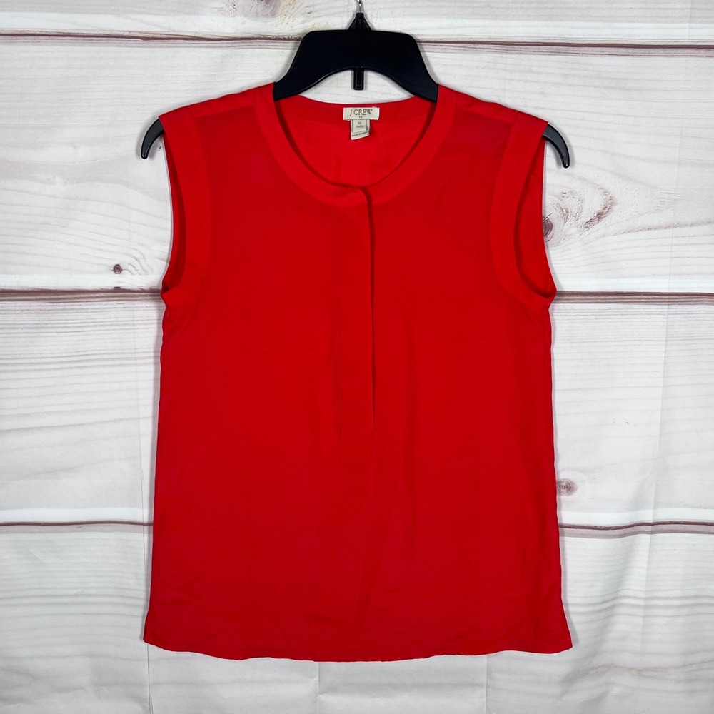 J.CREW Sleeveless Blouse Womens 00P Red Solid Hidden Button Crew Neck Top Shell